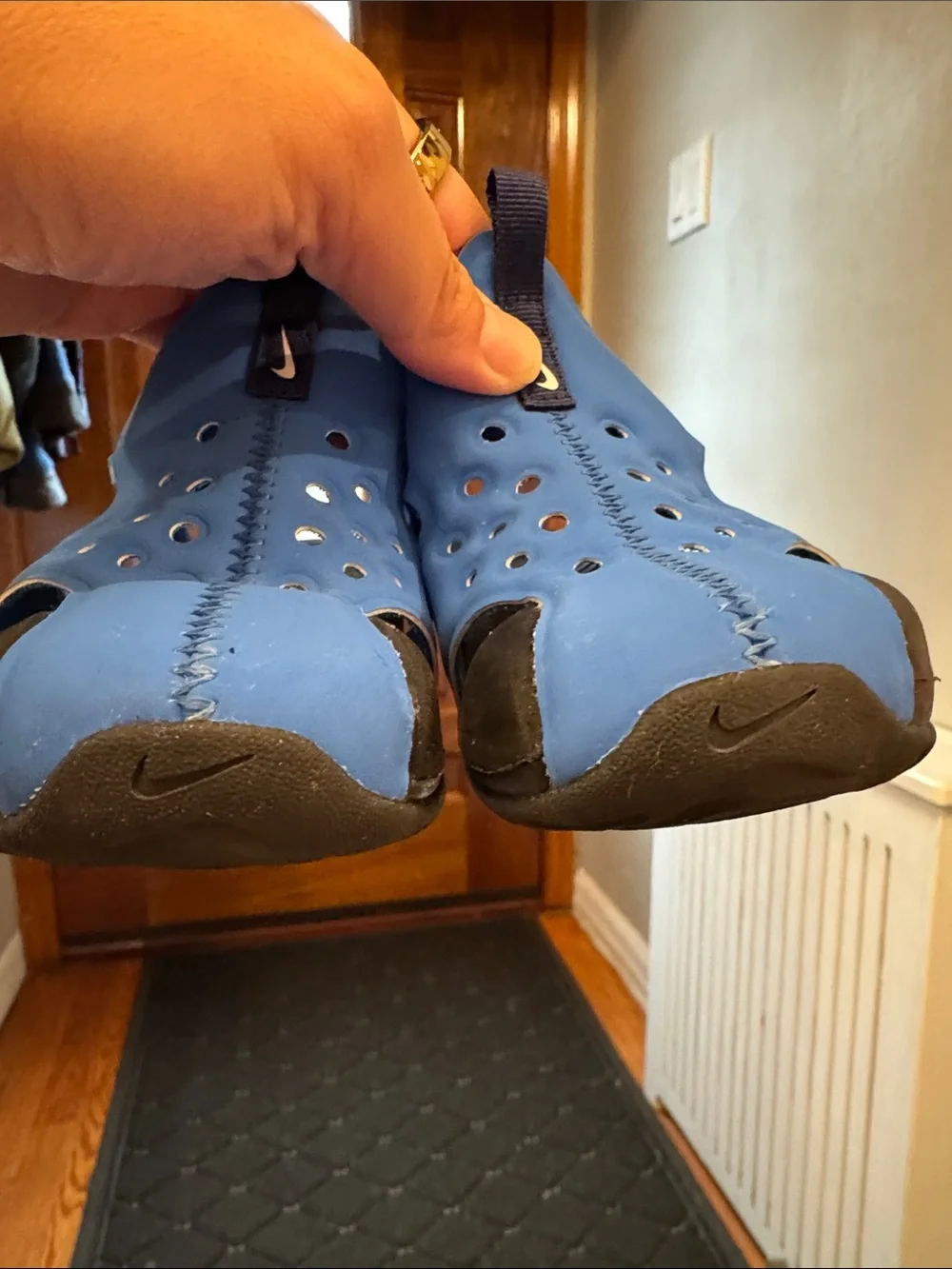 Nike Youth Blue Slip-On Water Sandals with white Swoosh